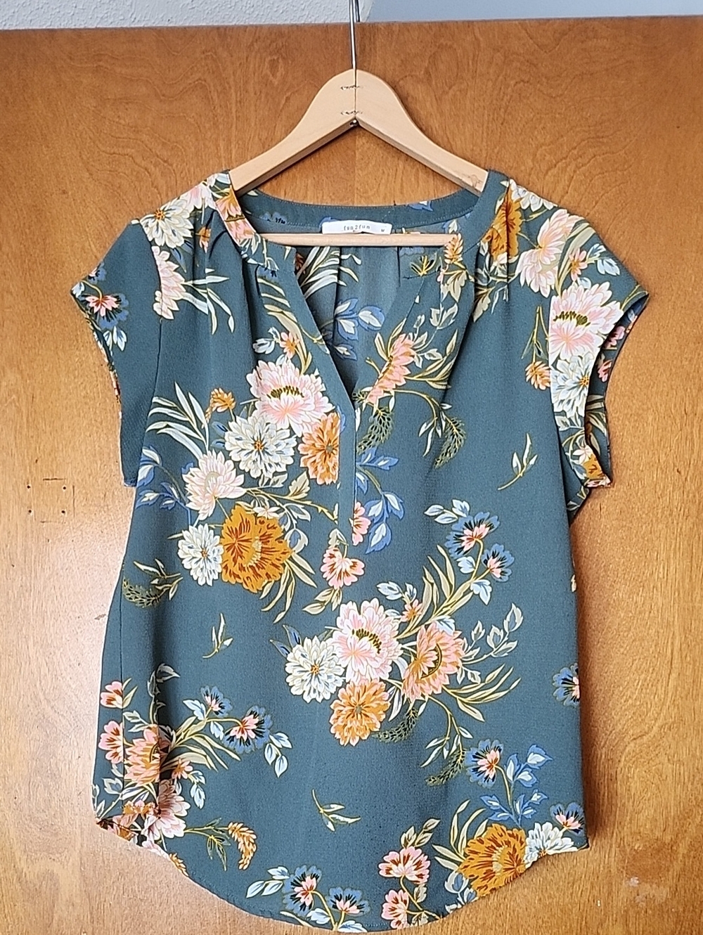 Fun2Fun Teal Floral Split V-Neck Blouse